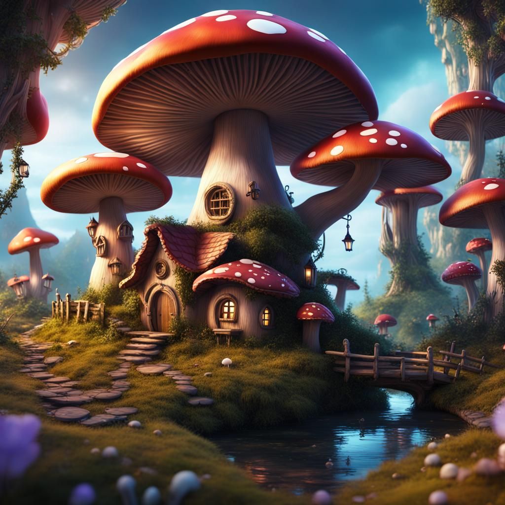 Enchanting Fairy Village in Mushroom Fantasy Art