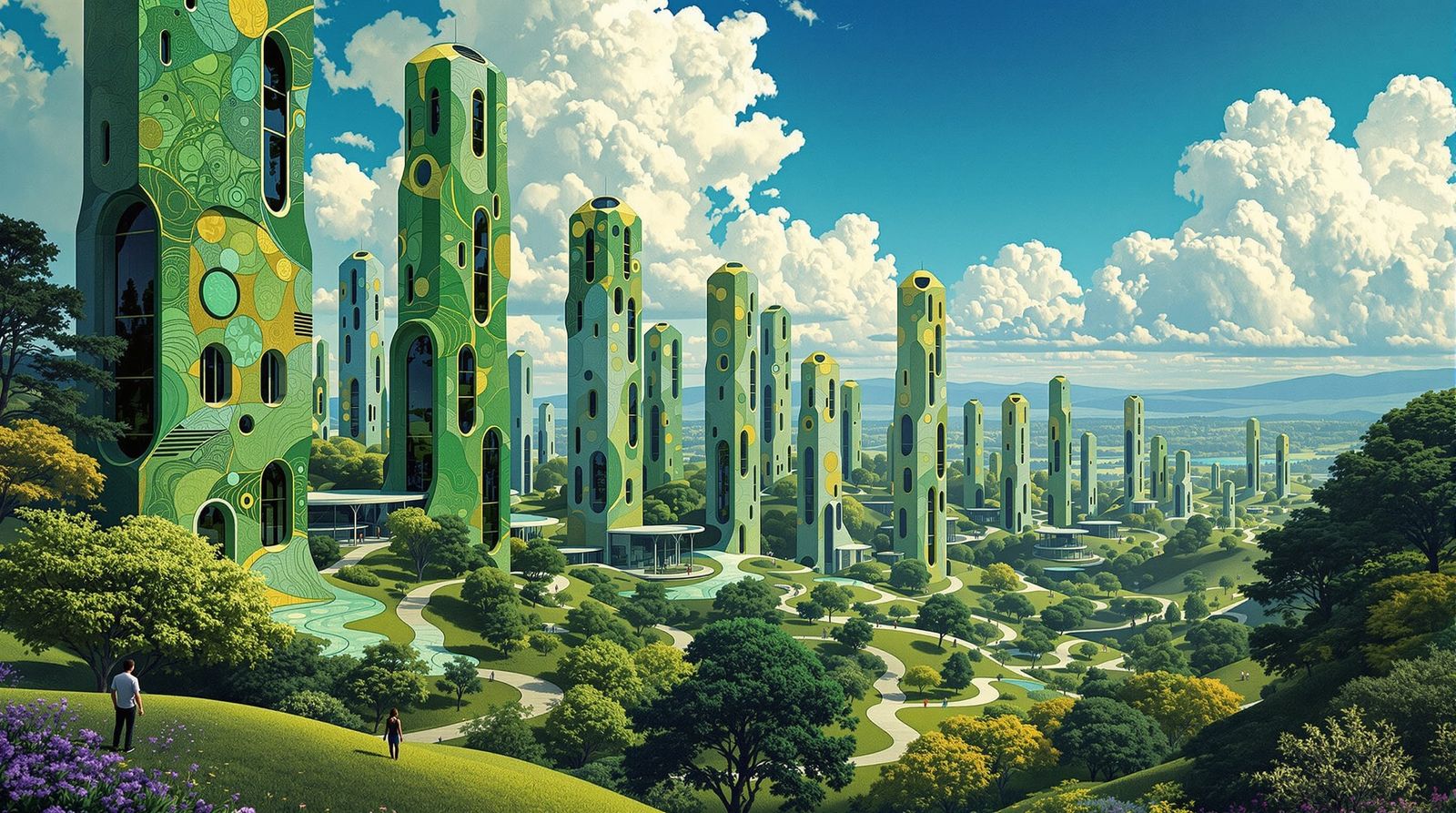 Malachite Cityscape in Klimt-Inspired Sci-Fi Style