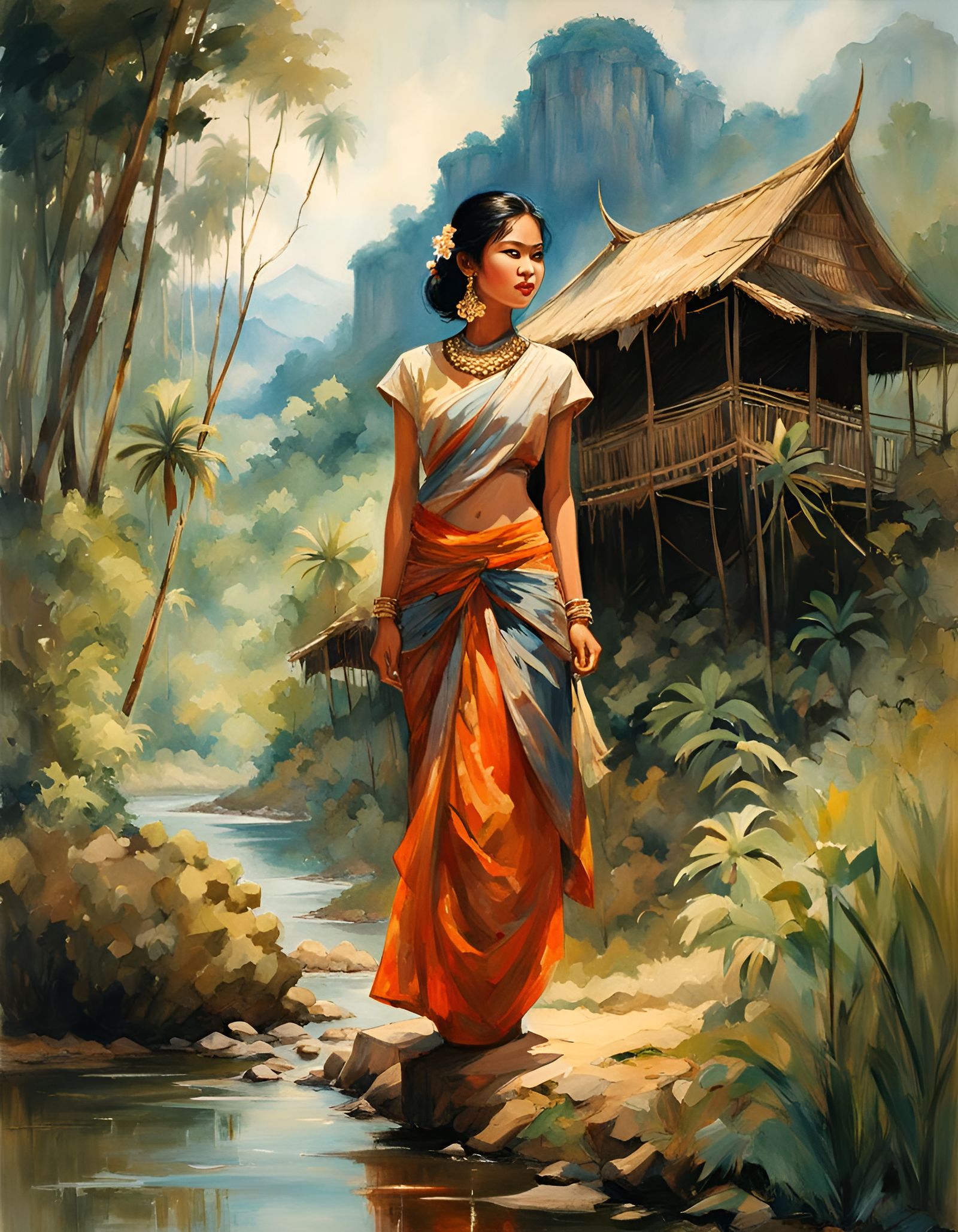 Cambodian Girl in Jungle River: Watercolour Art