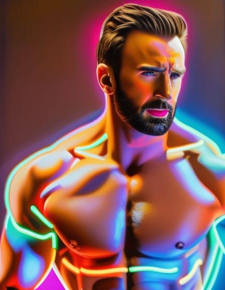 Muscular Man in Neon Lights, American Art Style