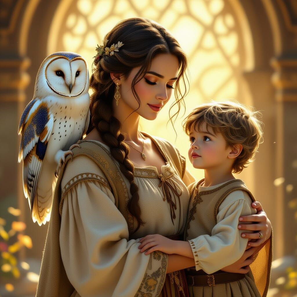 Medieval Mother and Son with Owl, Tapestry Style