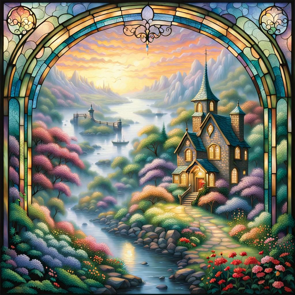 Larkspur Flowers in Stained Glass Style