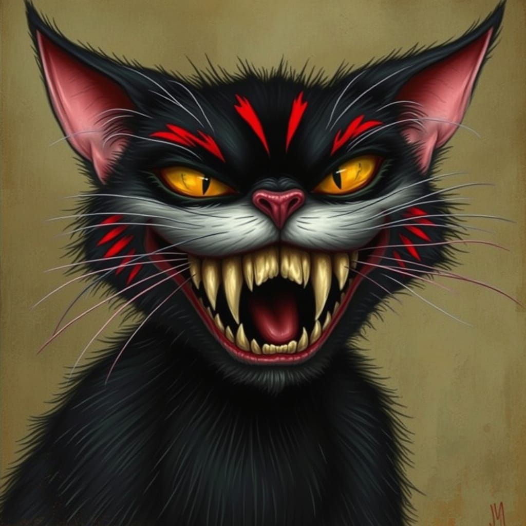 Feline Enigma with Eerie Smile in Dark Whimsy