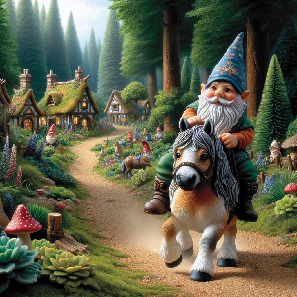 Cute realistic Garden gnome riding a pony on a dirt road, heading toward gnome village, forest surrounding, style of lat...
