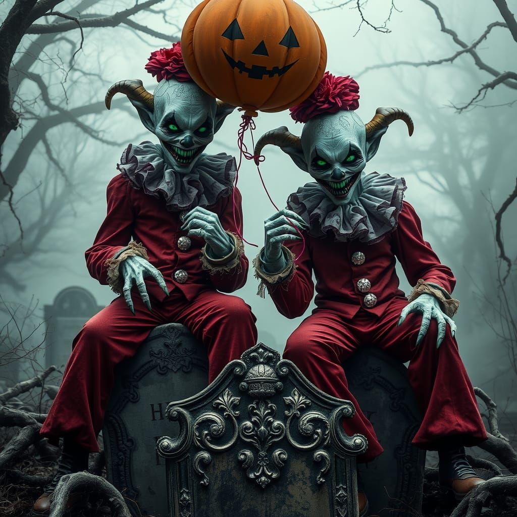 Grotesque Gyaru Clowns in Abandoned Graveyard
