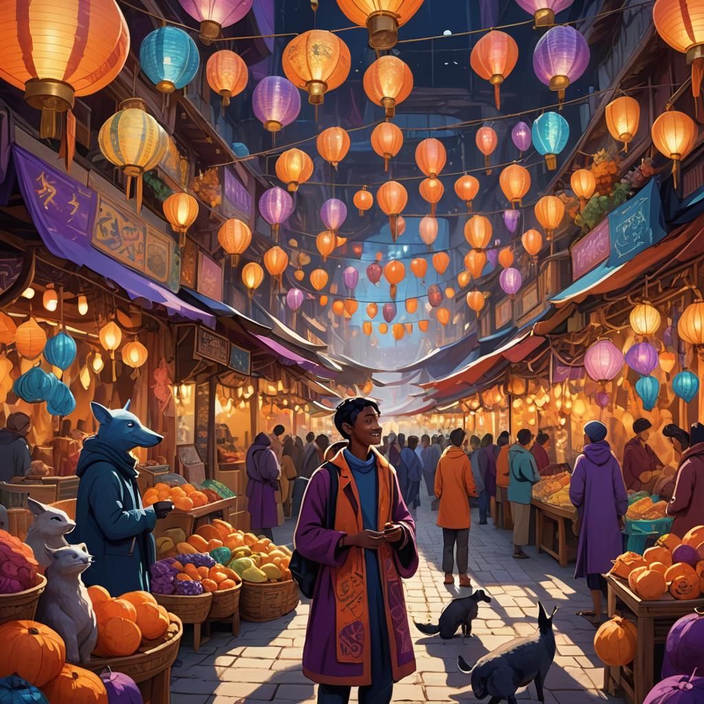 Happy Consumer in Whimsical Fantasy Market