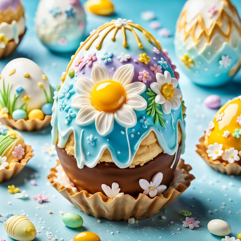 A golden brown pastry shell shaped like an egg, with a white chocolate glaze that looks like a glacier