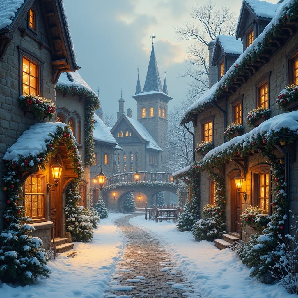 Medieval Christmas Town in Whimsical Artistic Style