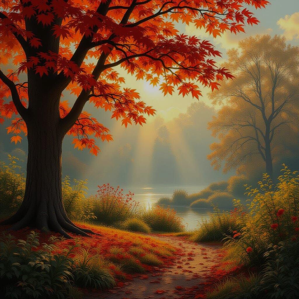 Misty Autumn Garden with Sunbeams in Matte Painting Style