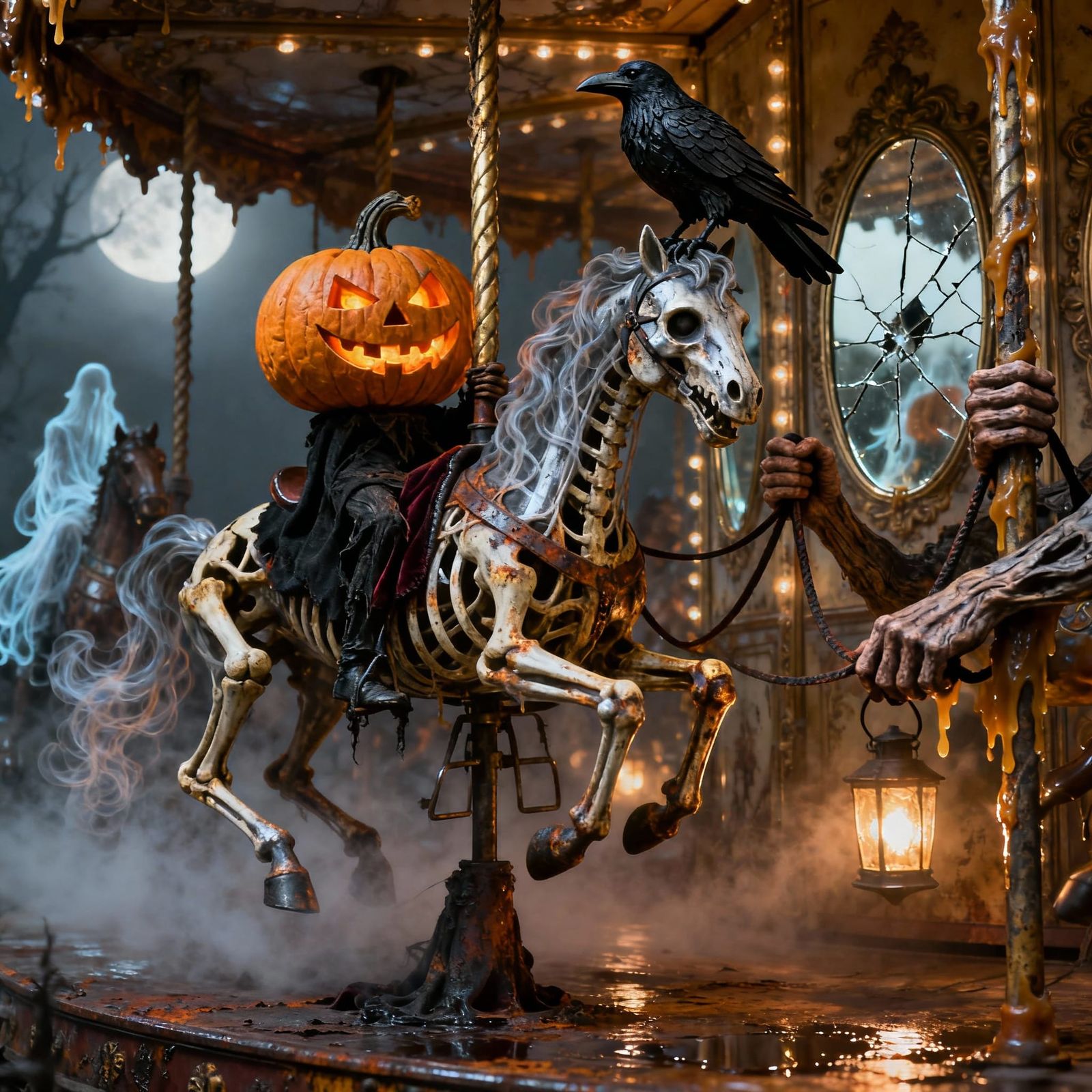Haunted Halloween Carousel Creature Under Crimson Moon