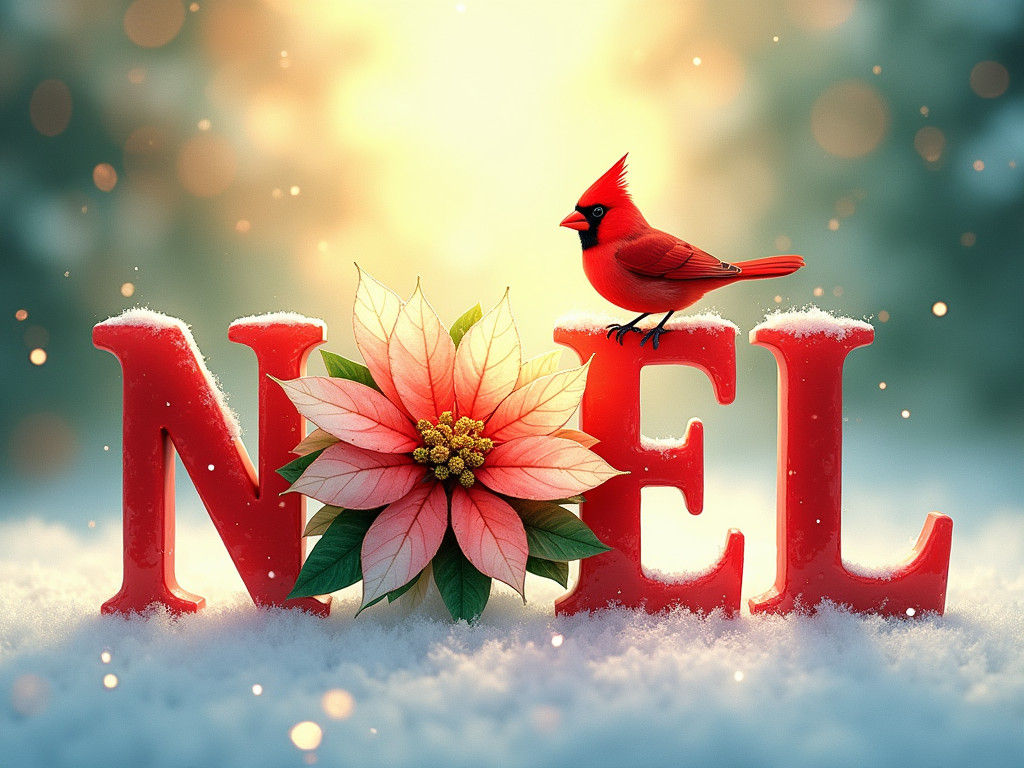 Whimsical Watercolor Noel with Poinsettia and Cardinal