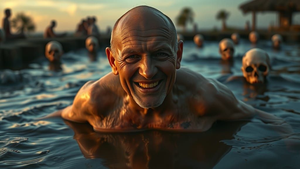 Twilight Swim: Hyperrealistic Man in Manure Pool