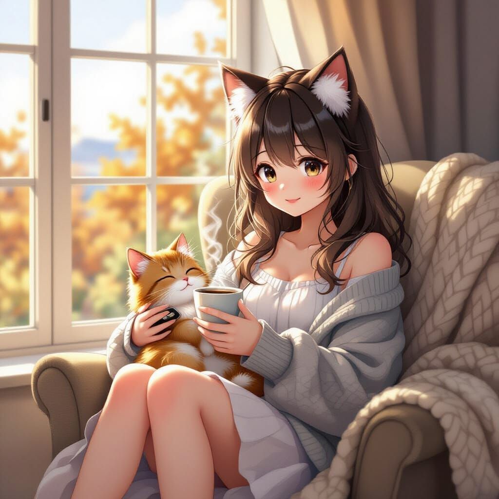 Girl with Cat Ears and Cat at Dawn in Anime Style