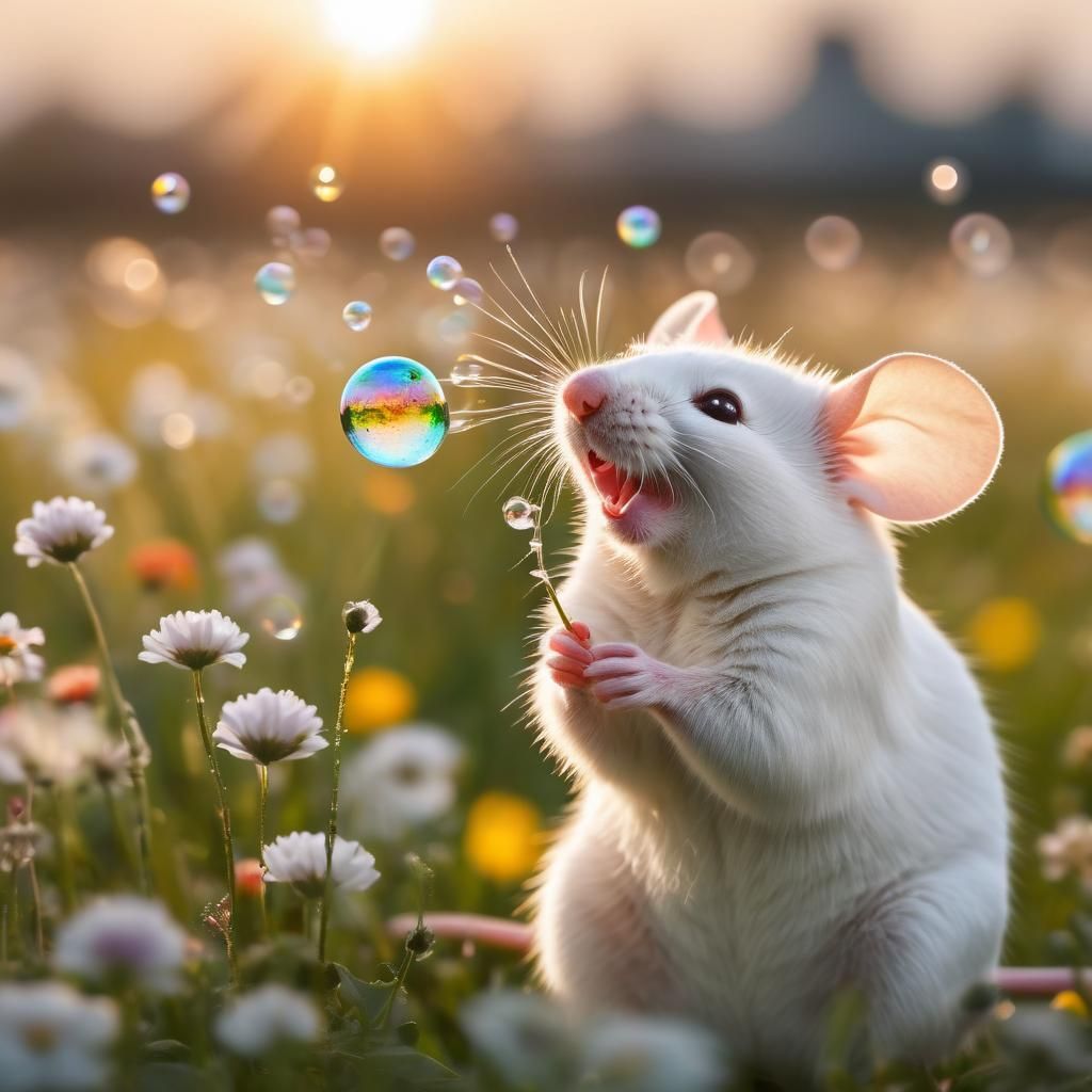 Happy Mouse Blowing Bubbles in a Flower Field