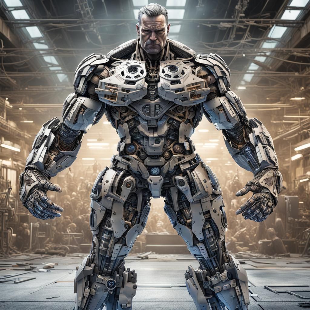 Technical Sheet of Damaged Robot Bodybuilder in Comic Art