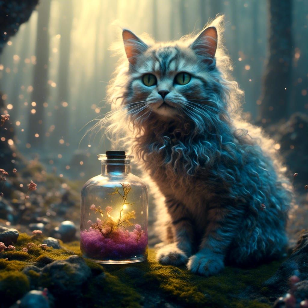 Cute Cat Holding Glowing Potion in Foggy Forest