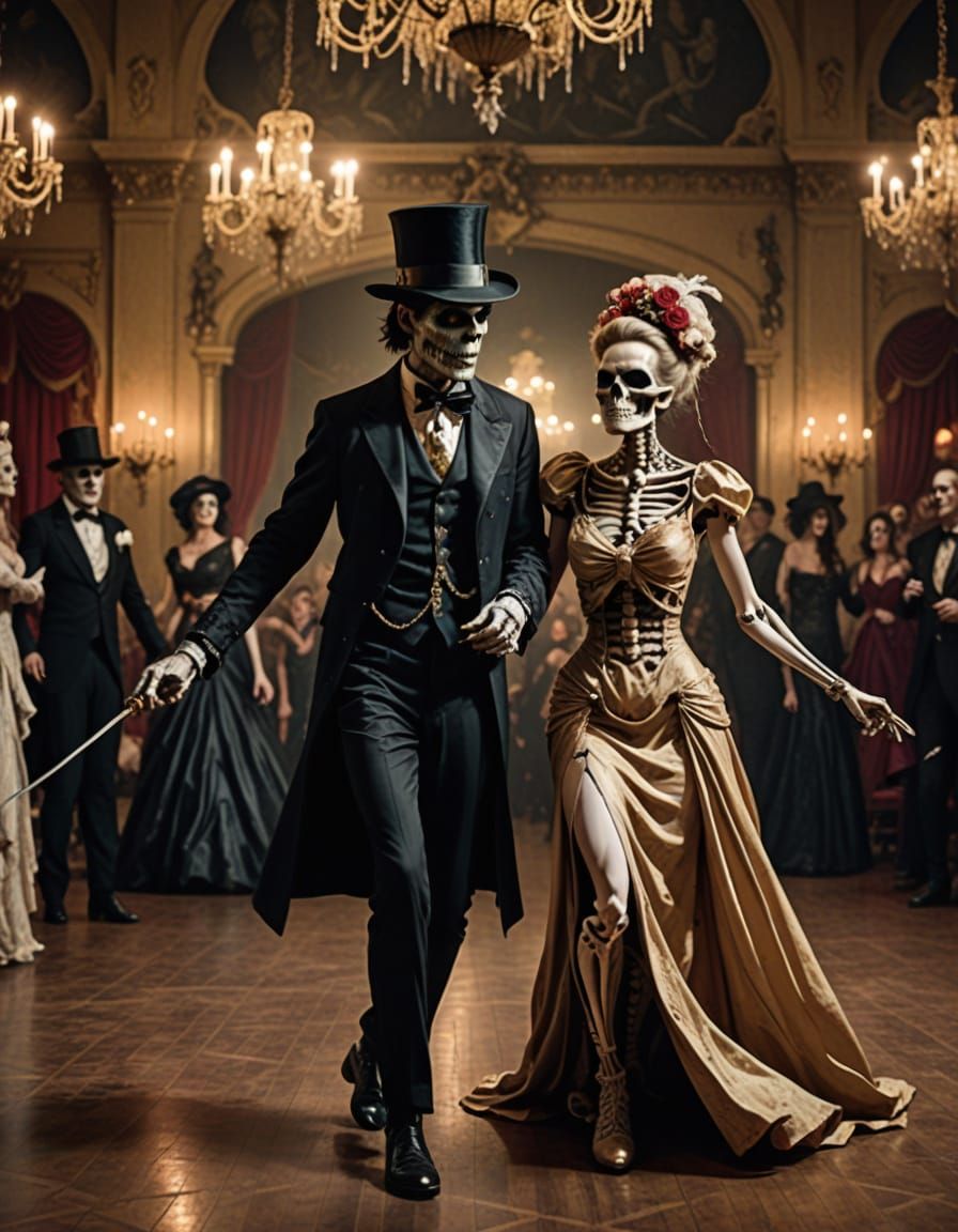 Skeletal Couple's Macabre Waltz in Grand Ballroom
