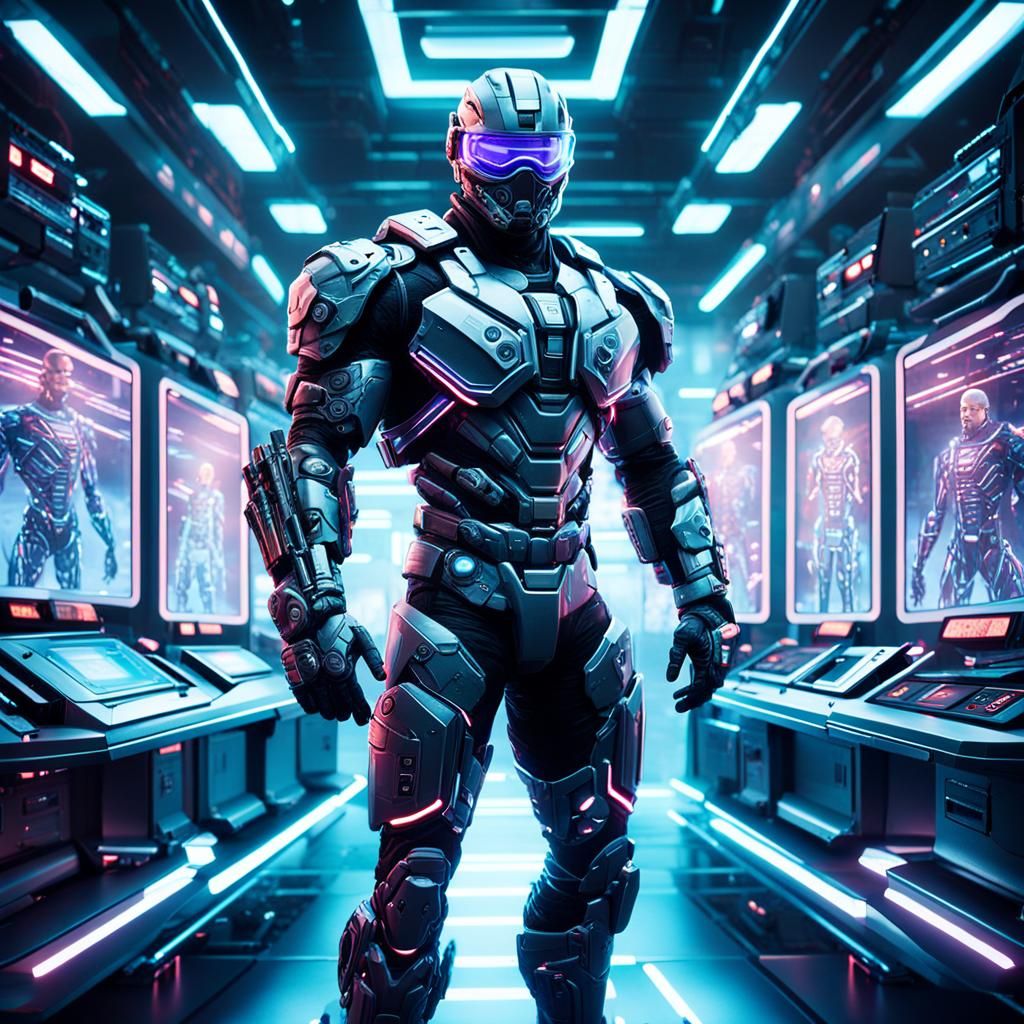 Futuristic Soldier in Bio-Lab, Sci-Fi Illustration