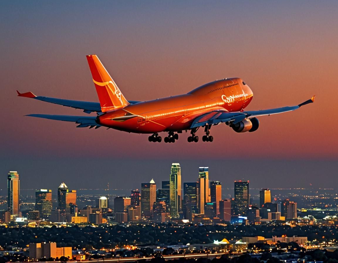 Boeing 747 Descends Towards Dallas in Sunset Colors