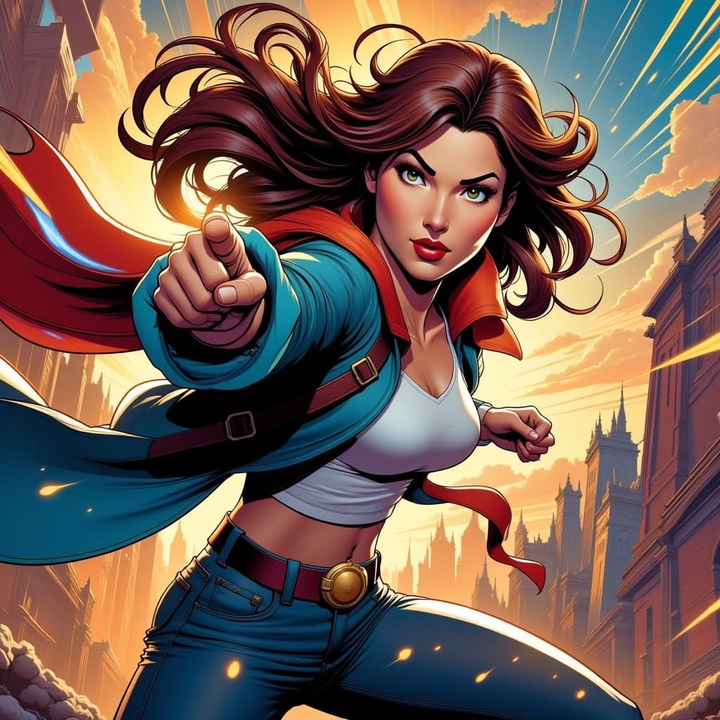 Heroine Throws Punch in Comic Book Style