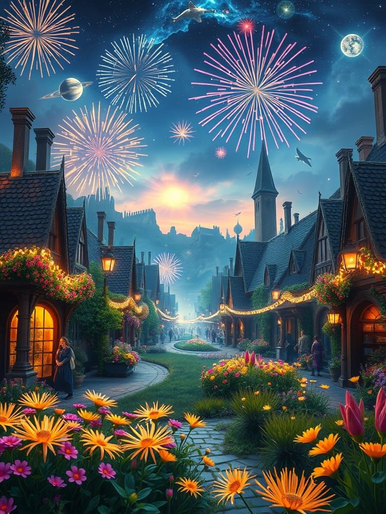 Medieval Garden Carnival Under a Starry Night Sky