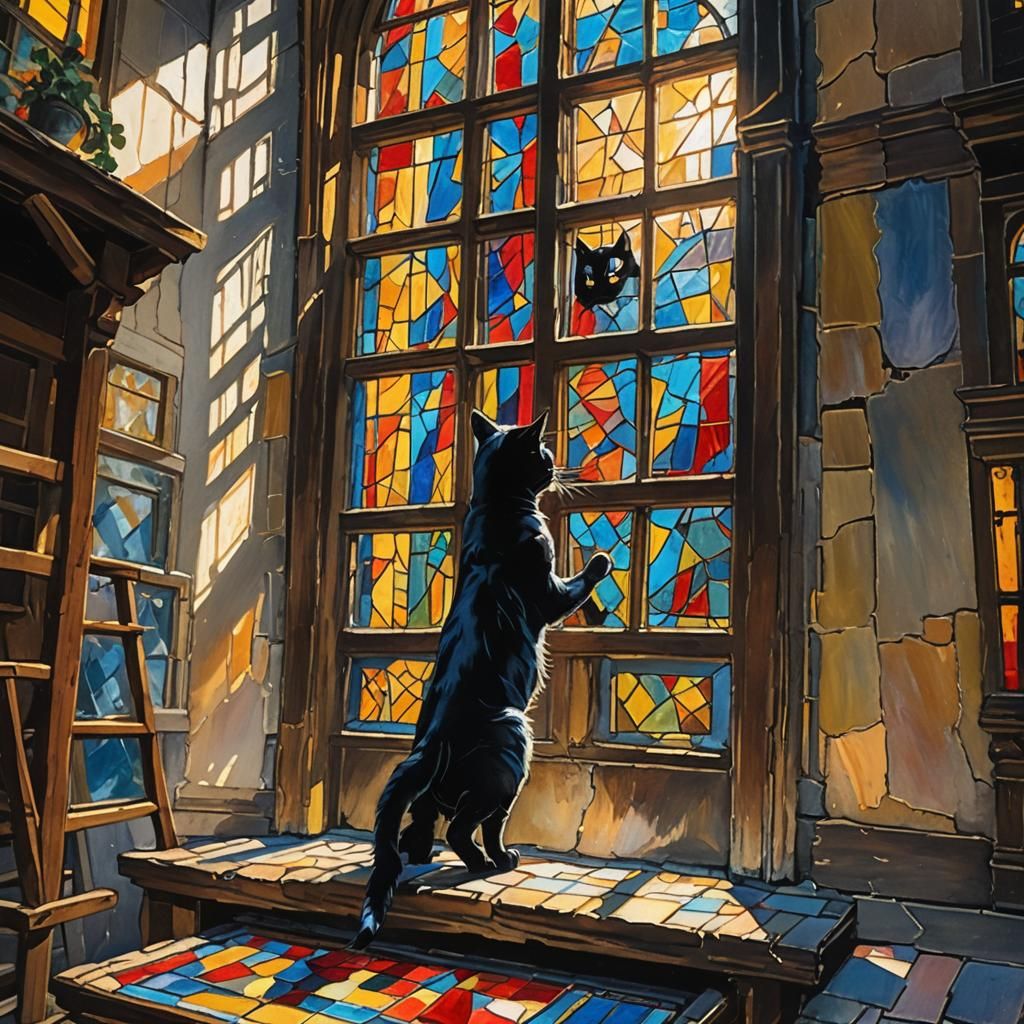 Black Cat Under Ladder in Impressionist Gouache