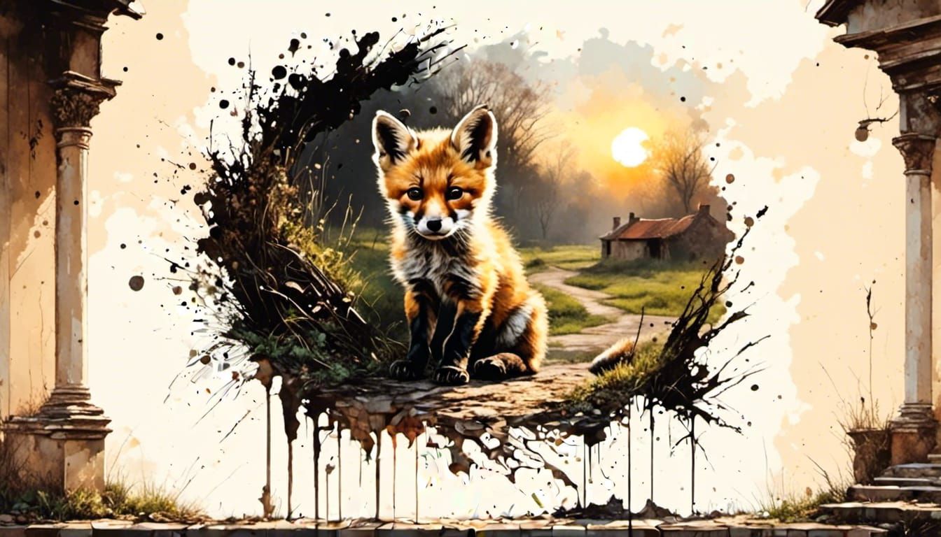 Detailed Fox Cub in Oil Splash Painting