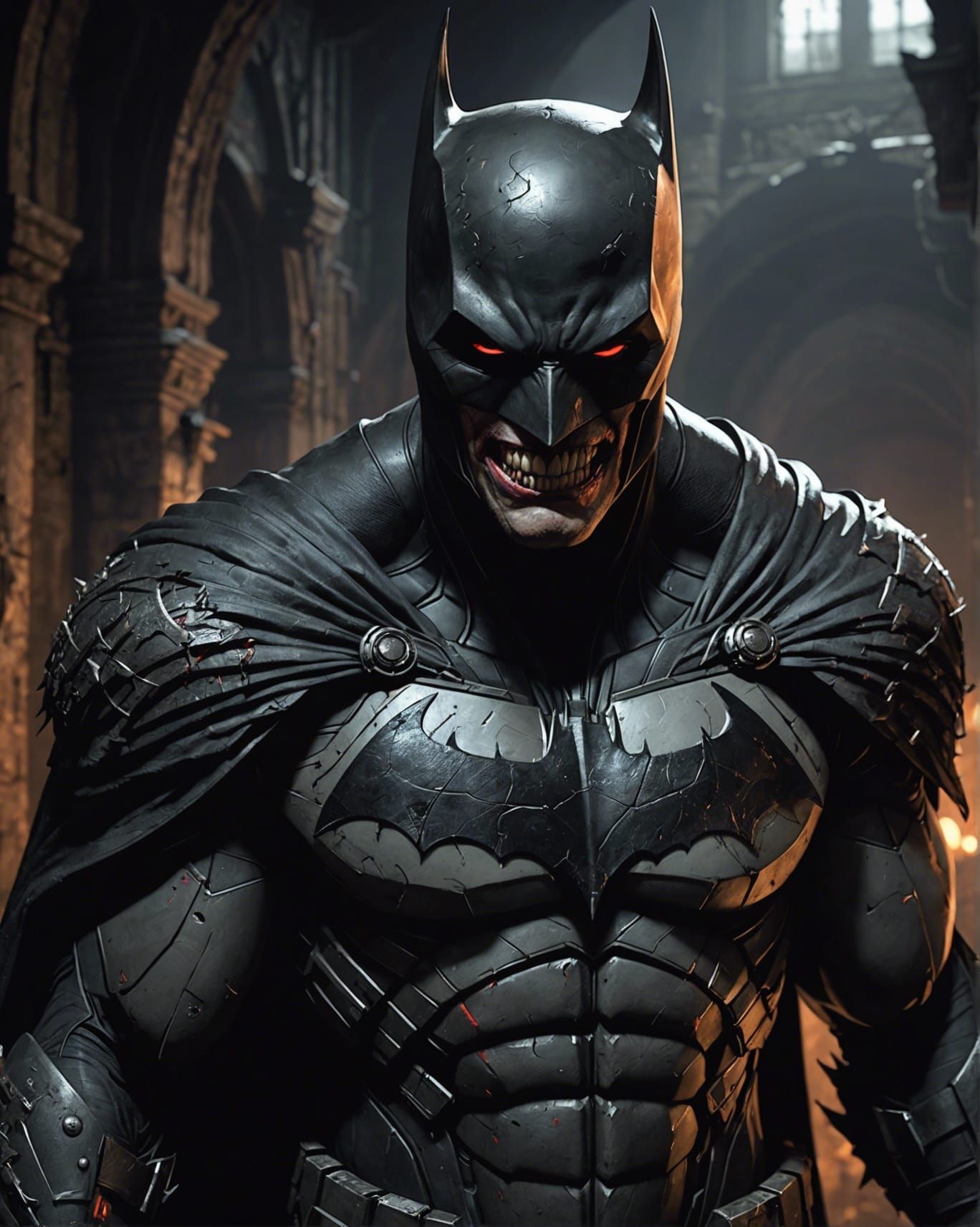 Creepy Batman with Glowing Eyes in Dark Dungeon