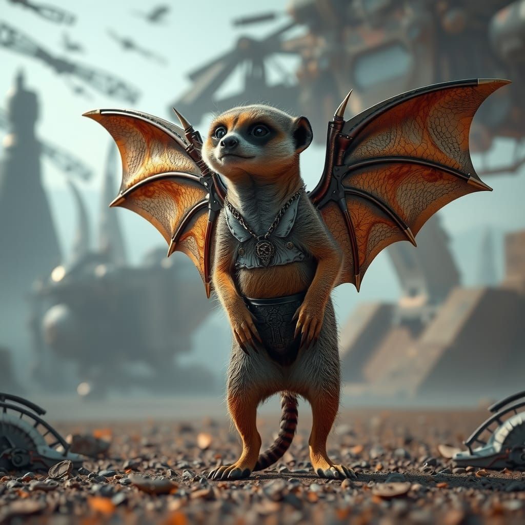 Majestic Meerkat-Bat Hybrid in Sci-Fi Landscape