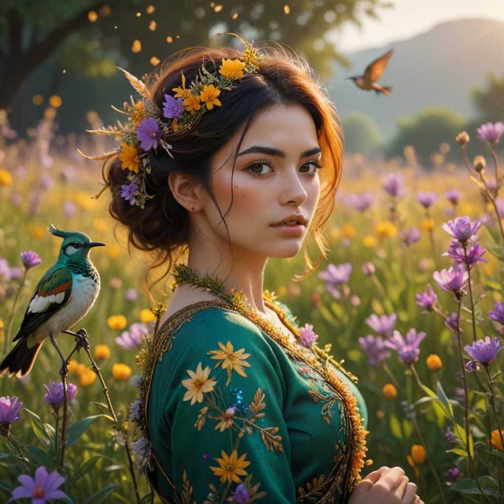 Woman with Hoopoe Bird in Whimsical Persian Style