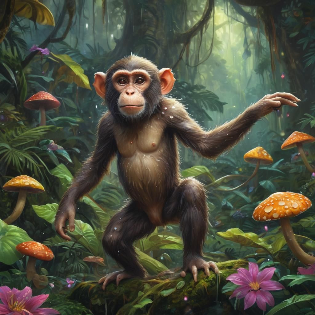 Dancing Monkey in Rainforest: Digital Fantasy Art
