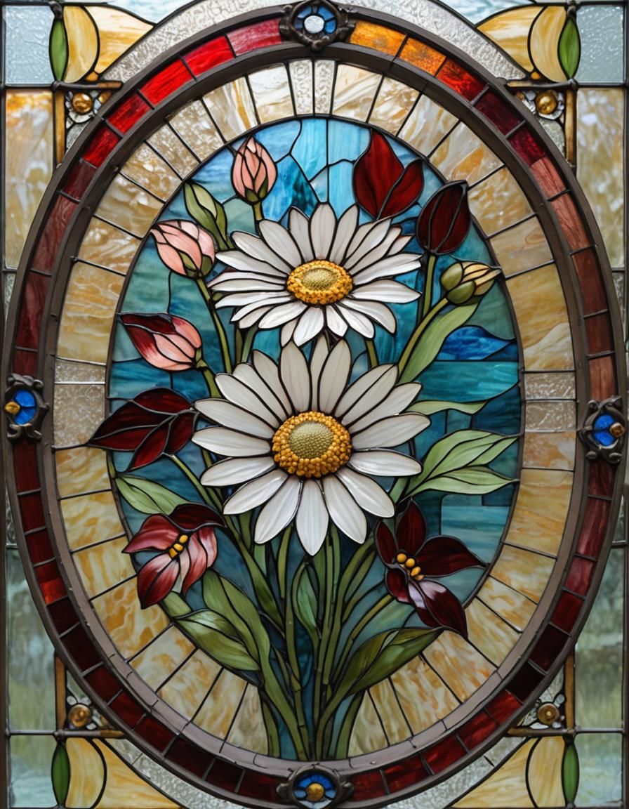 Stained Glass Daisy in Oval Frame