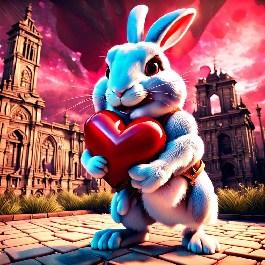 Smiling Rabbit Hugs Heart: Detailed Digital Painting