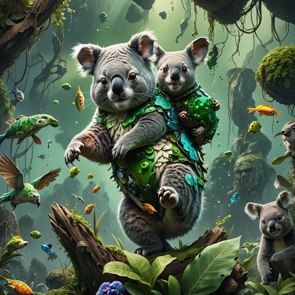 Hybrid Cat-Koala-Fish Creature in Toxic Gas