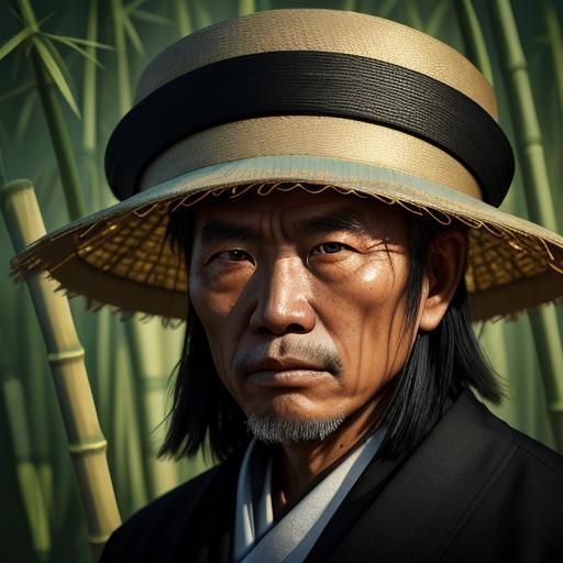 A chinese Taoist man who wear bamboo hat.