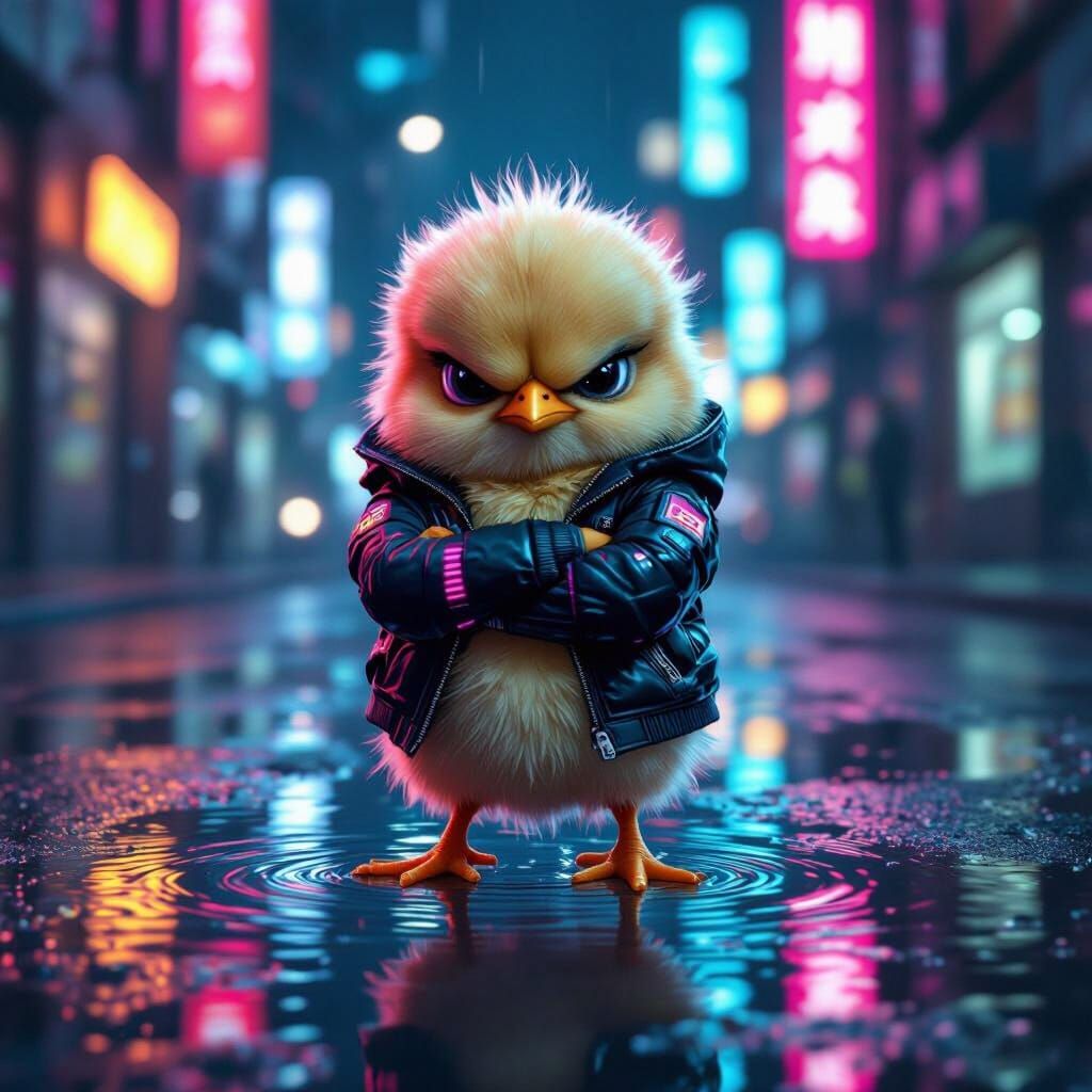 Grumpy Cyberpunk Chick in Neon Puddle