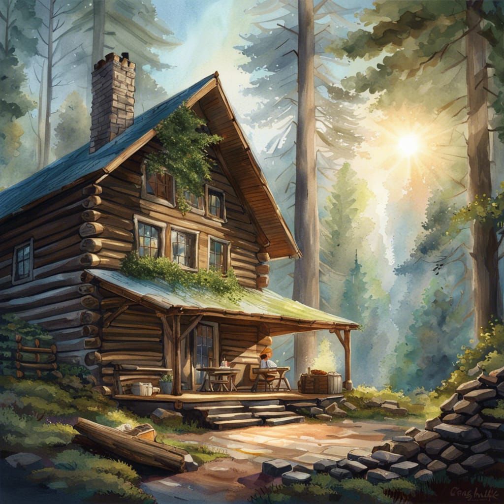 Cozy Log Cabin in Forest, Watercolor Style
