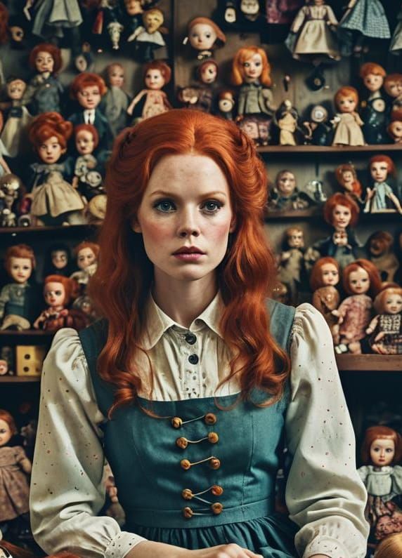 Cinematic Doll Portrait with Redhead in Doll Attire