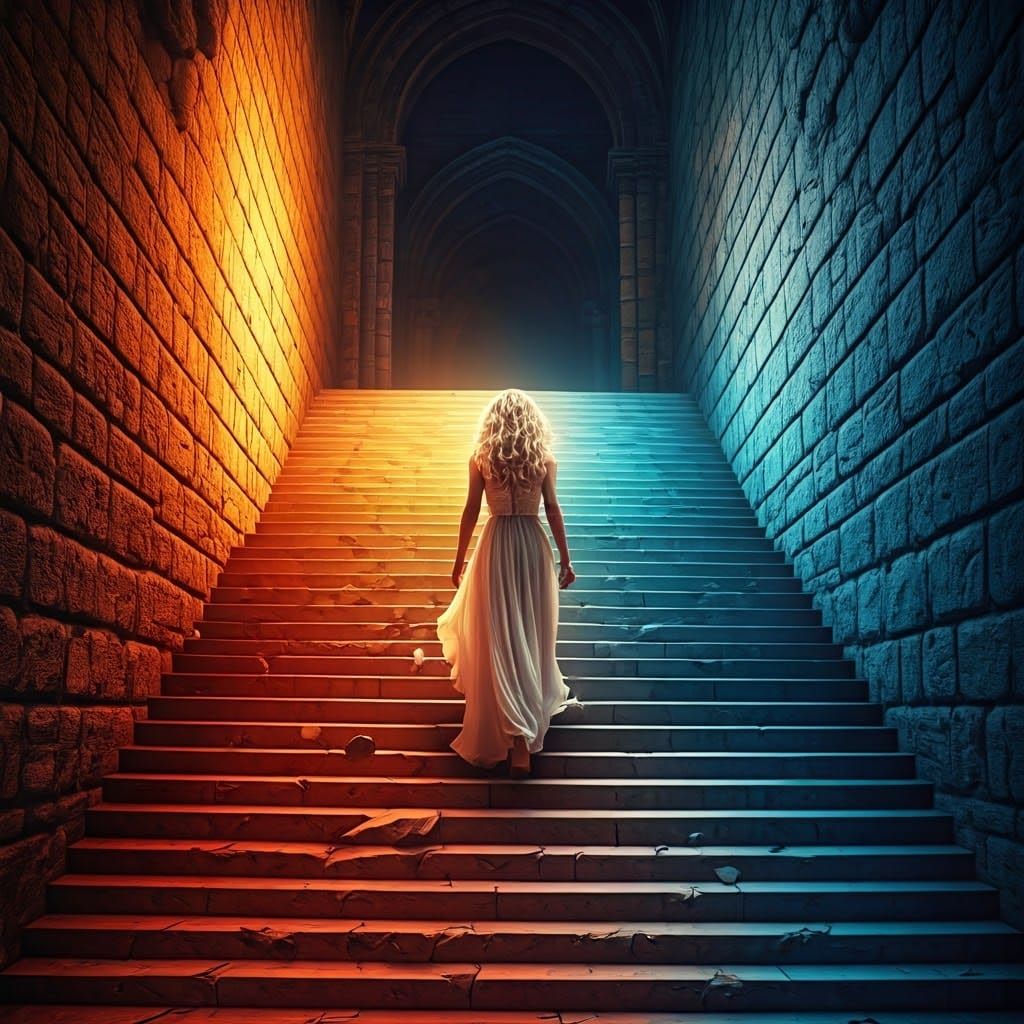 Ethereal Woman Ascends Colorful Staircase in Cinematic Light...