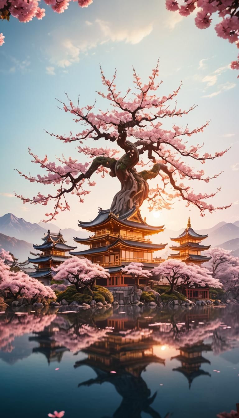 Sakura Tree by Lake: Art Nouveau Rococo Architecture