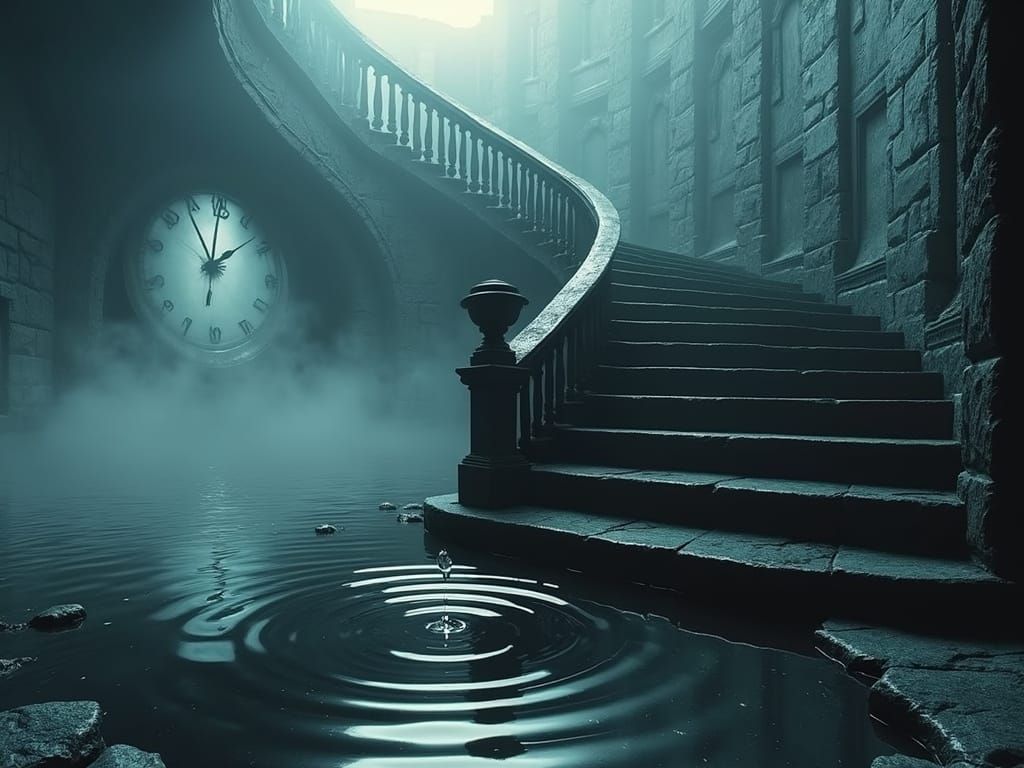 Surreal Biomechanical Staircase in an Ethereal Mist