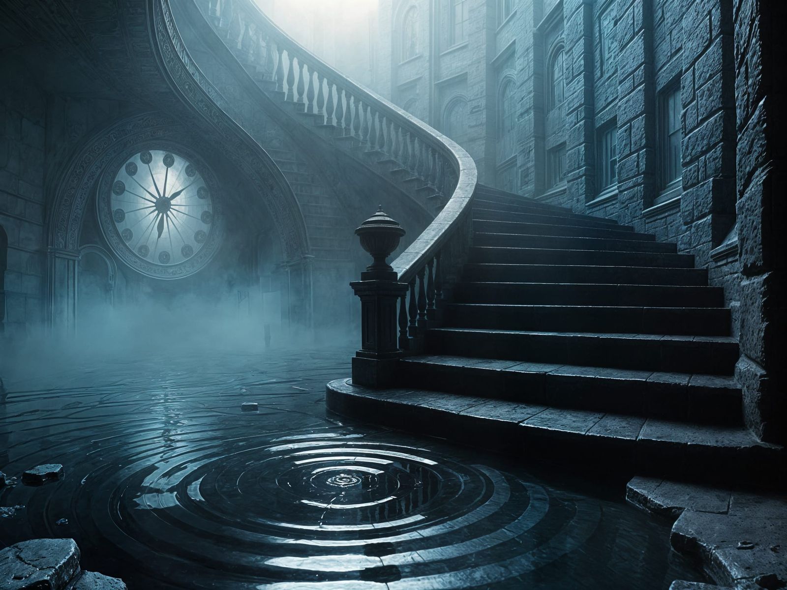 Biomechanical Staircase in Ethereal Mist