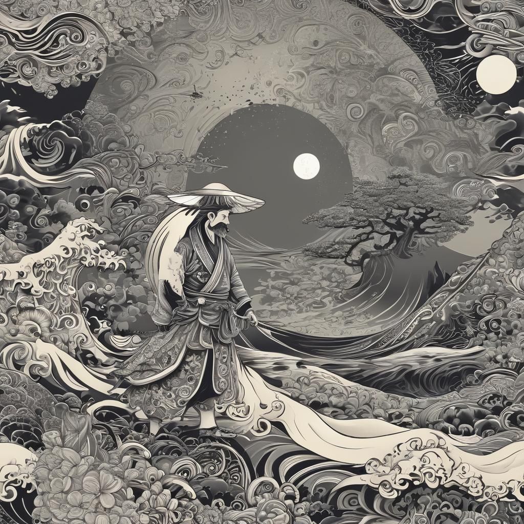 Samurai Silhouette Against Moon: Abstract Vector Art