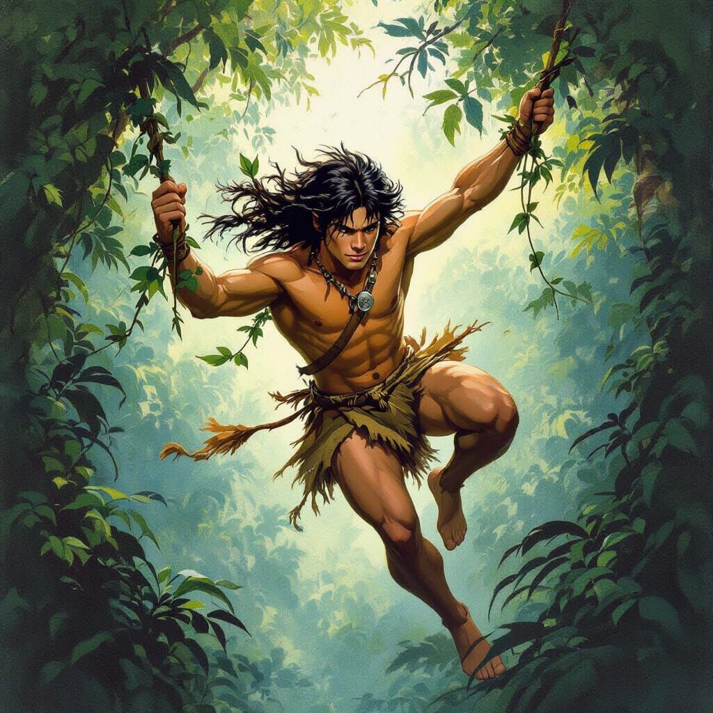 Young Tarzan Swinging Through Jungle, Fantasy Art
