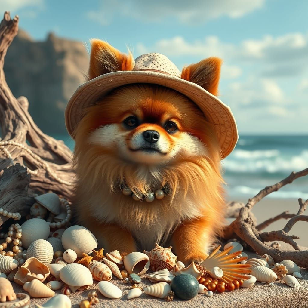 Pomeranian in a Treasure Trove of Seashells and Driftwood