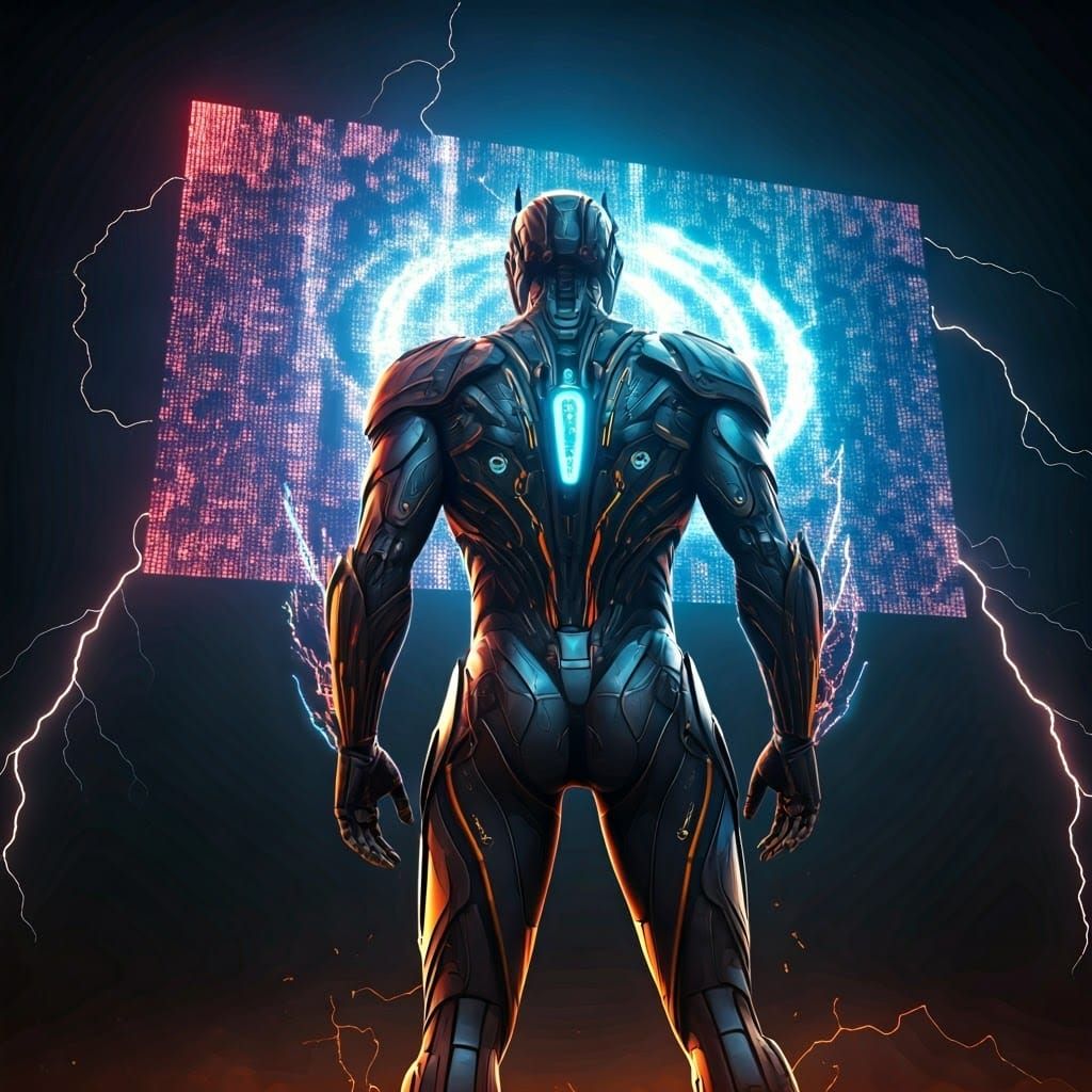 Futuristic Electronic Superhero in Neon-Lit Cyberpunk Scene