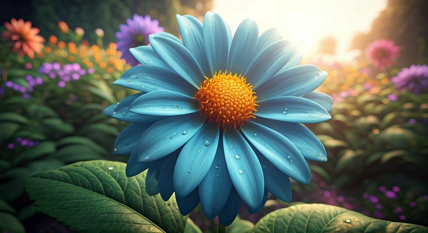 Blue Dahlia with Water Droplets, 3D Anime Art