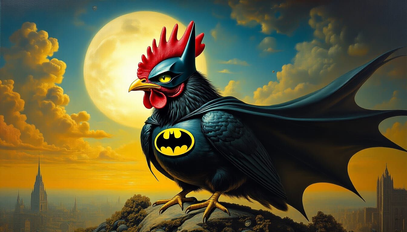 Fantastical Chicken Batman in Surreal Mixed Media