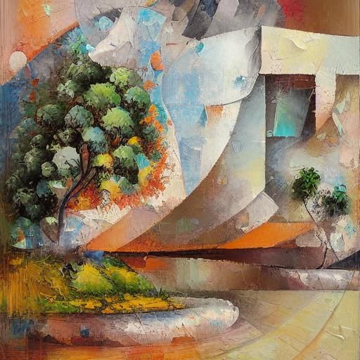 Abstract Cubist Pomegranate Still Life in Impasto Style