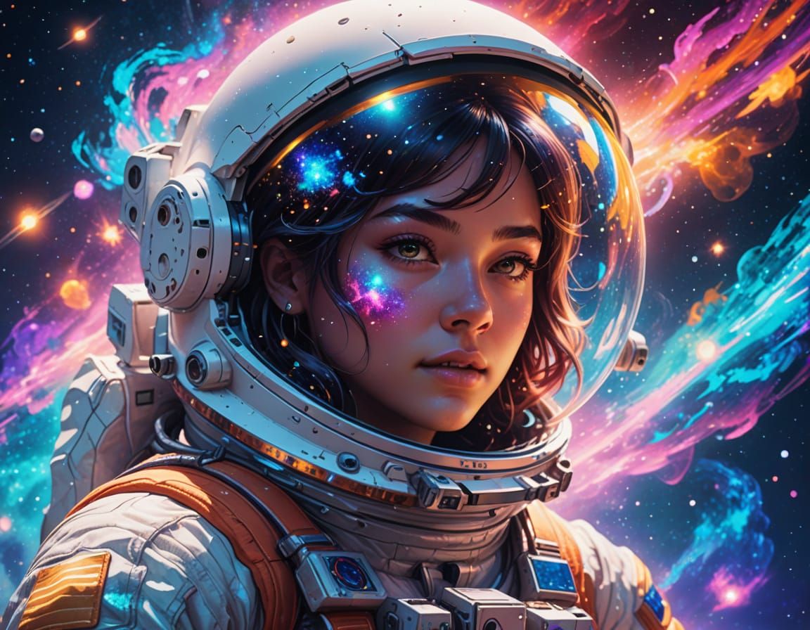 Astronaut Girl Drifting Through Glowing Galaxy